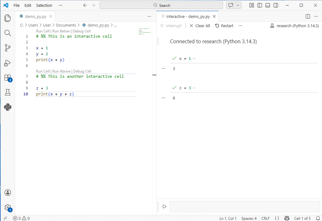 Running code in an interactive window