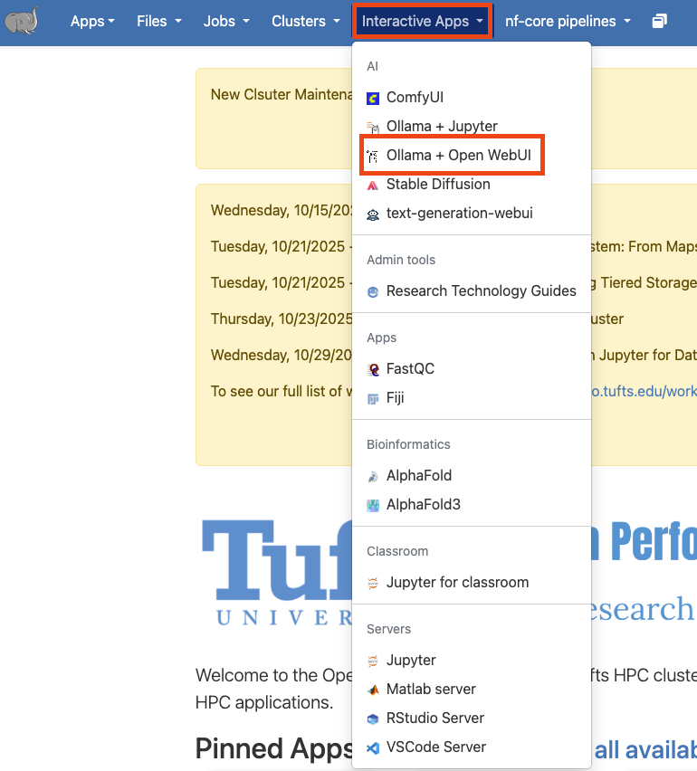 Interactive Apps dropdown
